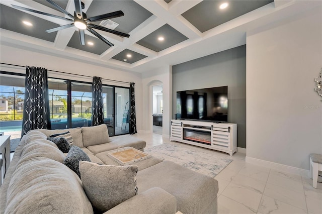 living room with recessed lighting, coffered ceiling, baseboards, marble finish floor, and beam ceiling