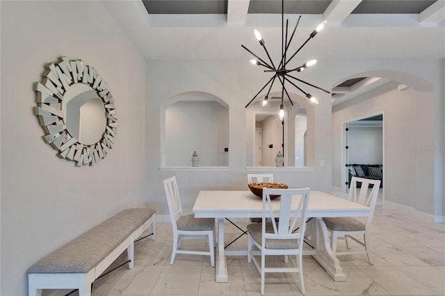 dining area with baseboards, arched walkways, marble finish floor, a chandelier, and beam ceiling