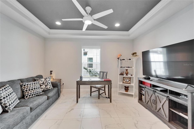 living room with a raised ceiling, crown molding, marble finish floor, and baseboards