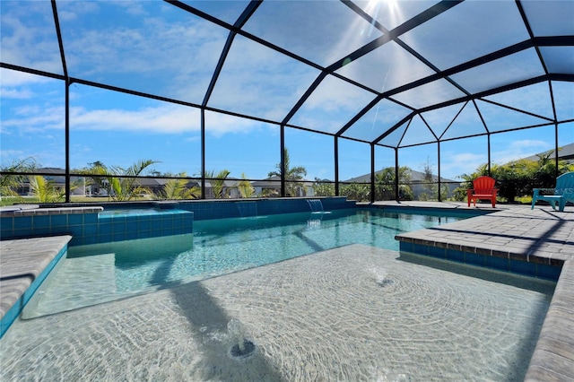 pool with a lanai and a patio