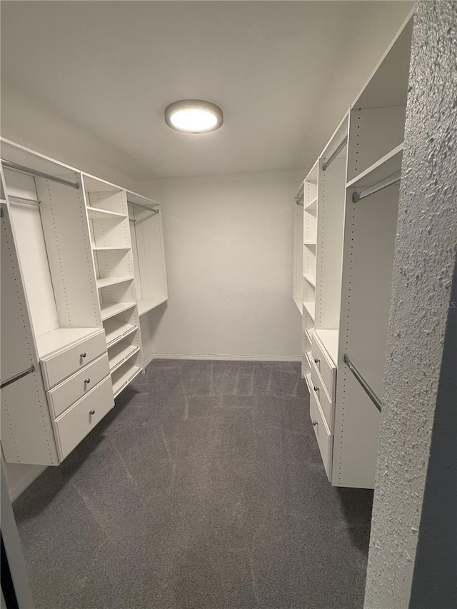 walk in closet featuring dark colored carpet