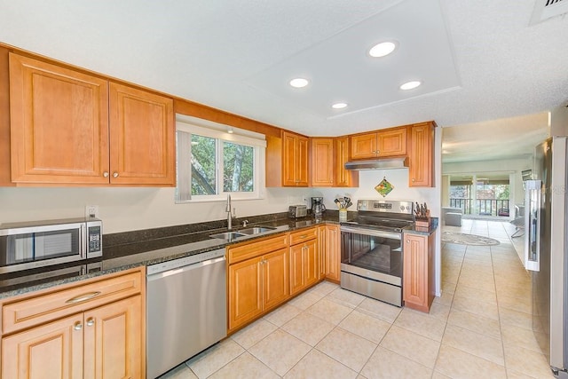 kitchen with a healthy amount of sunlight, appliances with stainless steel finishes, sink, and light tile patterned flooring