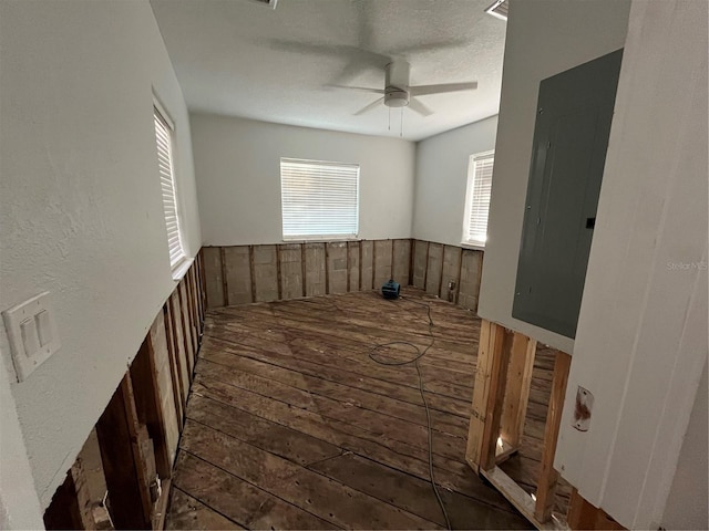 interior space with ceiling fan and electric panel