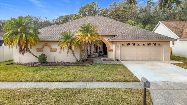 view of front of home with a garage and a front lawn