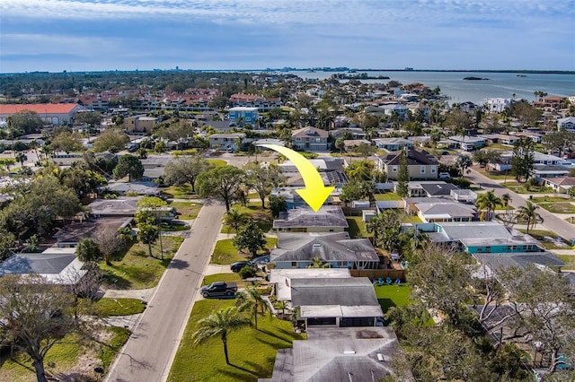 drone / aerial view featuring a water view