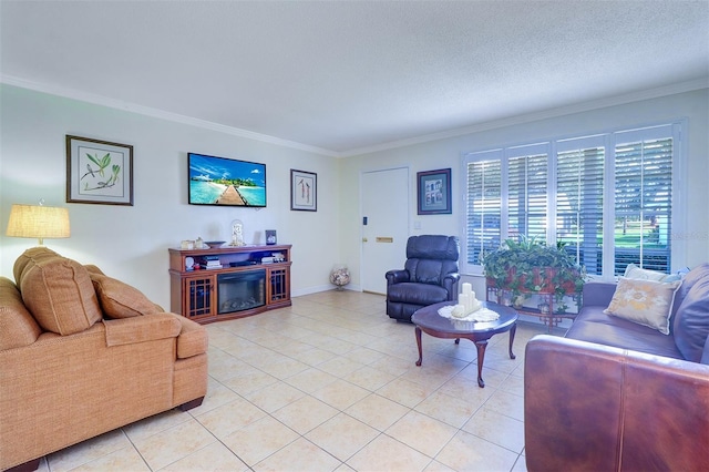 living room featuring light tile patterned floors, a textured ceiling, and ornamental molding