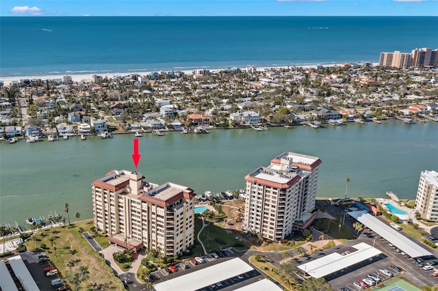 drone / aerial view featuring a water view