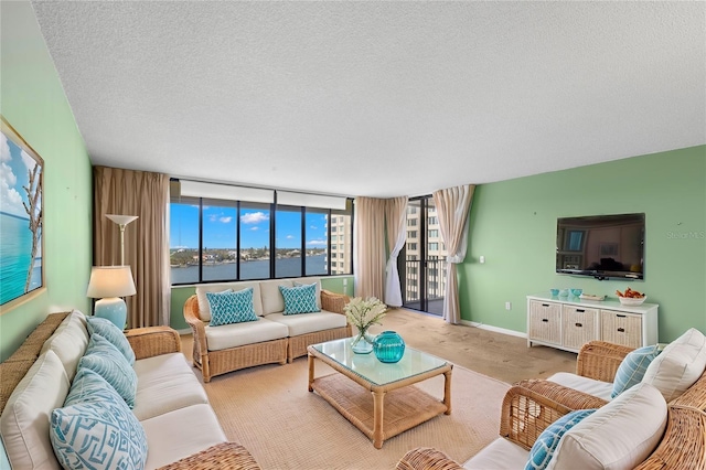 living room with light colored carpet and a textured ceiling