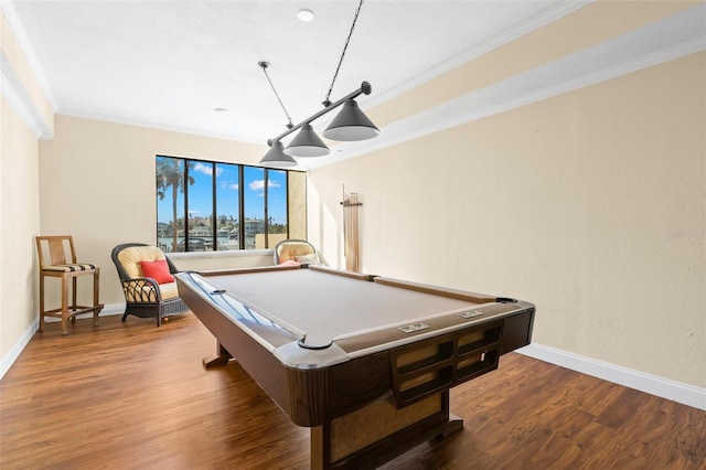 playroom with pool table, hardwood / wood-style floors, and ornamental molding