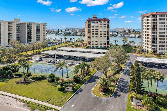 bird's eye view with a water view