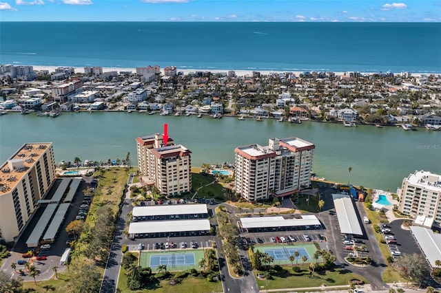 bird's eye view with a water view