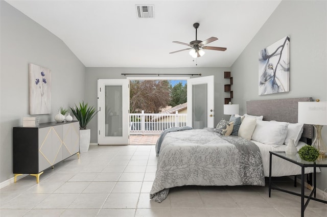 bedroom with lofted ceiling, light tile patterned floors, access to exterior, and ceiling fan