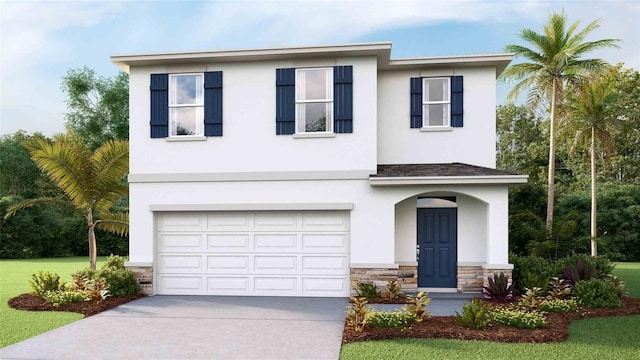 view of front of home with a front yard and a garage