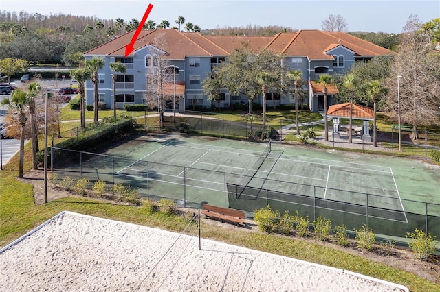 view of tennis court with a gazebo