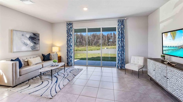 living room featuring light tile patterned flooring