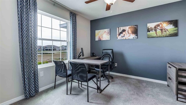 office space with ceiling fan and carpet