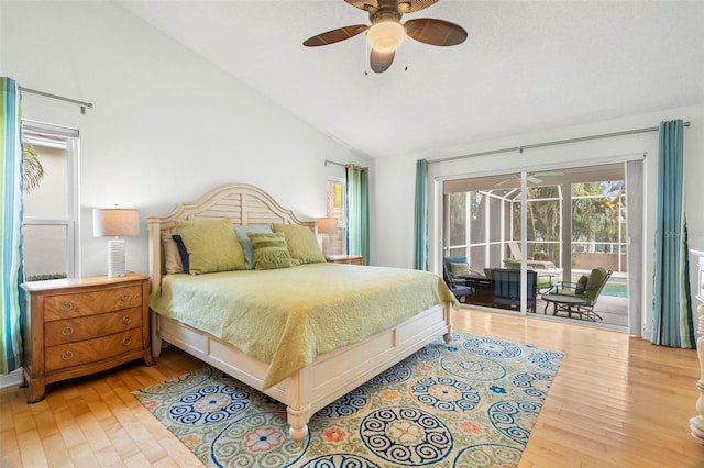 bedroom featuring access to outside, high vaulted ceiling, ceiling fan, and light hardwood / wood-style floors