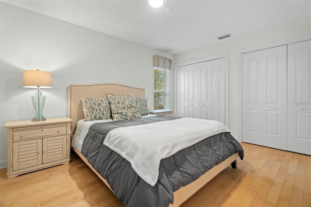 bedroom with light wood-type flooring and two closets