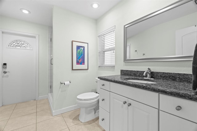 bathroom with tile patterned flooring, vanity, toilet, and a shower with door