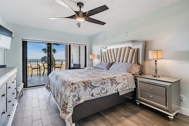 bedroom with access to exterior, a textured ceiling, and ceiling fan