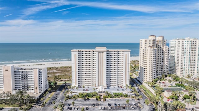 aerial view with a water view and a view of the beach