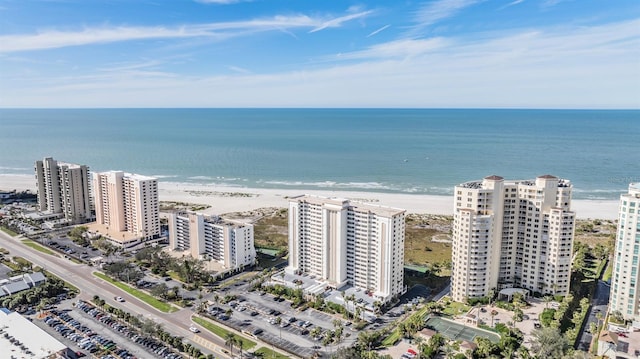 aerial view featuring a water view and a view of the beach