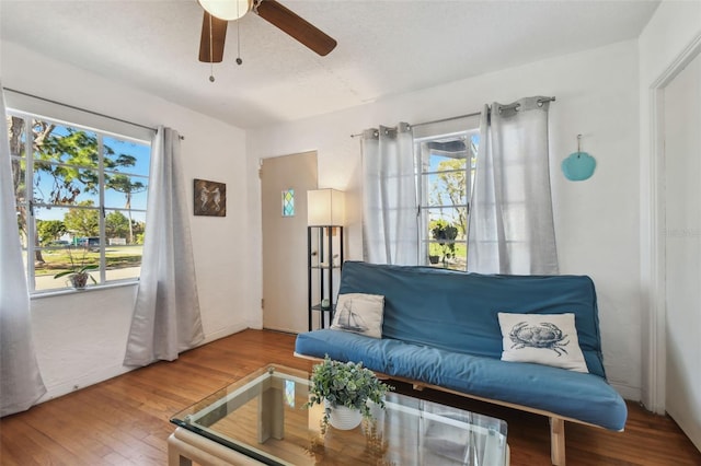 living room featuring hardwood / wood-style floors, ceiling fan, and a healthy amount of sunlight