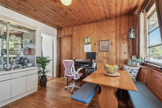 home office with wood walls, wood ceiling, and light wood-type flooring