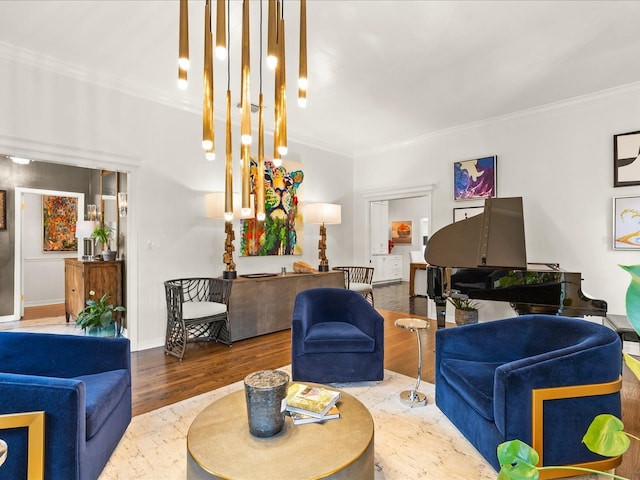 living room with ornamental molding and hardwood / wood-style flooring