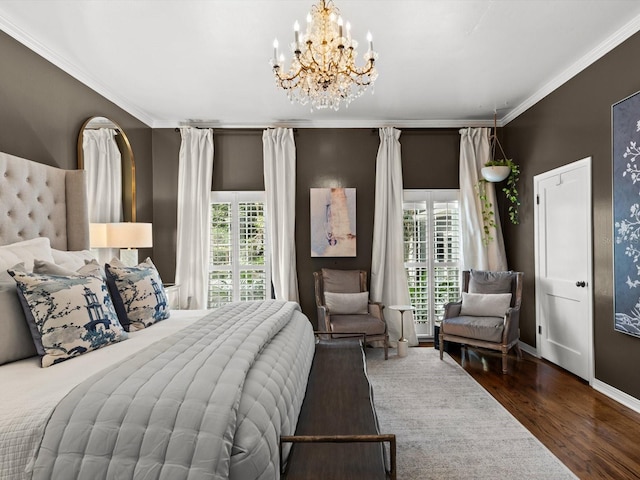 bedroom with a notable chandelier, dark hardwood / wood-style flooring, crown molding, and multiple windows