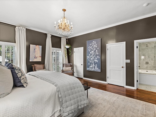 bedroom with crown molding, dark wood-type flooring, connected bathroom, and multiple windows