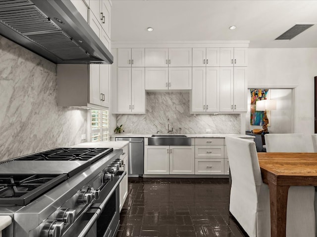 kitchen with sink, stainless steel appliances, white cabinetry, and exhaust hood