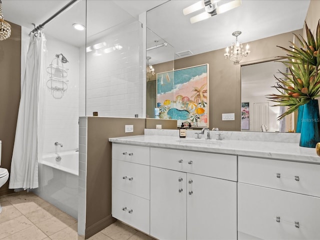 full bathroom featuring vanity, an inviting chandelier, tile patterned floors, toilet, and shower / tub combo with curtain