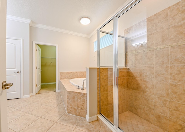 bathroom with tile patterned flooring, ornamental molding, and plus walk in shower