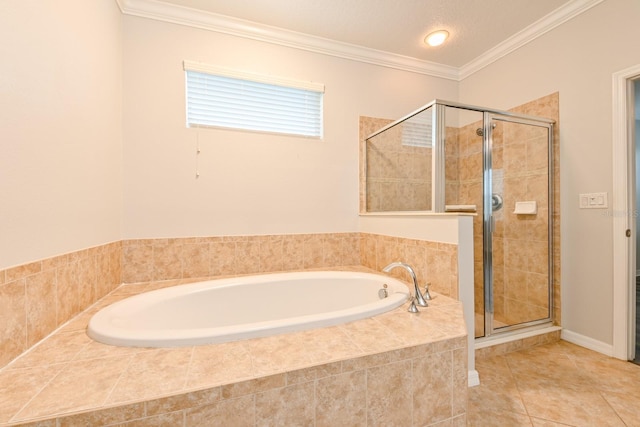 bathroom featuring separate shower and tub and crown molding