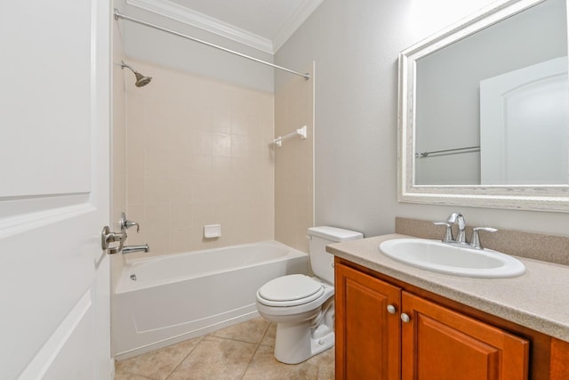 full bathroom with toilet, tile patterned flooring,  shower combination, ornamental molding, and vanity