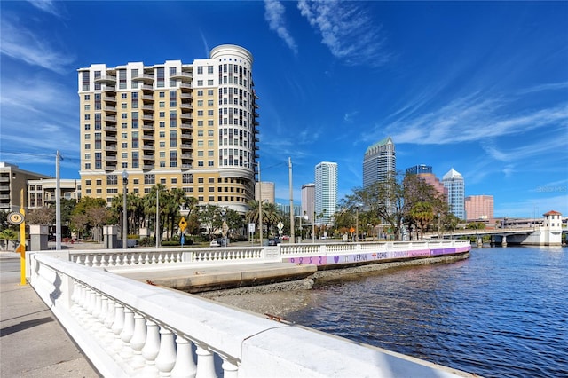 view of building exterior featuring a water view