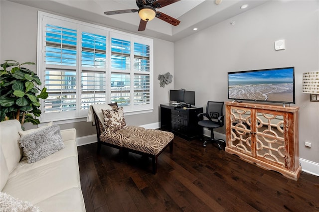 office area featuring ceiling fan and dark wood-type flooring