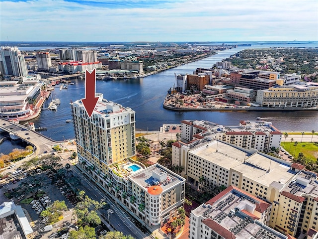 aerial view featuring a water view