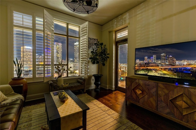 home theater room featuring dark hardwood / wood-style flooring