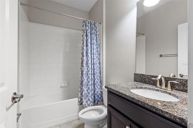 full bathroom featuring shower / bath combination with curtain, vanity, and toilet