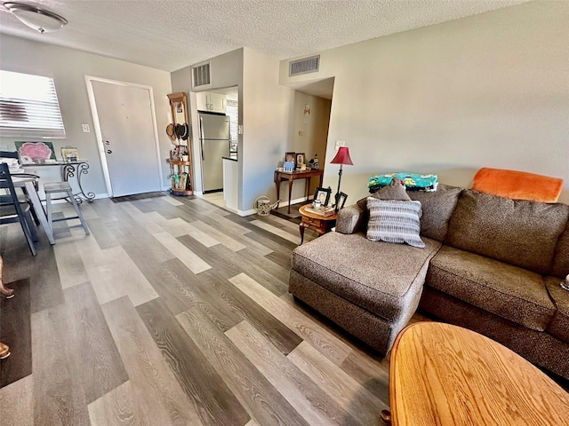 living room featuring hardwood / wood-style floors and a textured ceiling