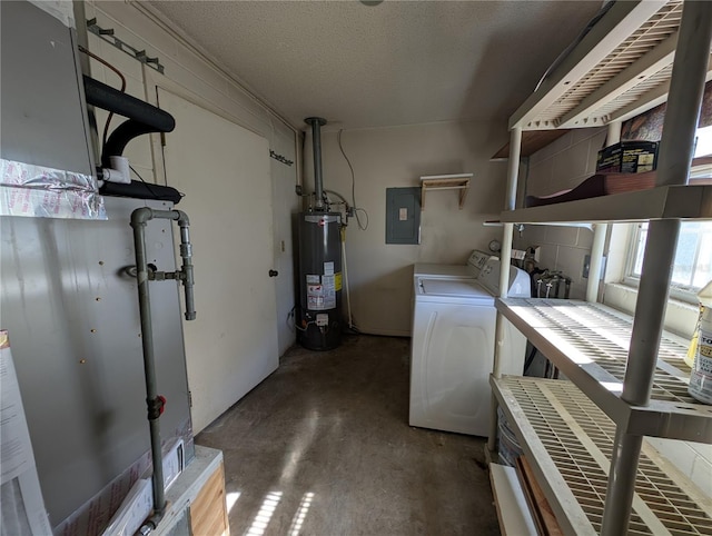 laundry area with a textured ceiling, electric panel, water heater, and washing machine and dryer