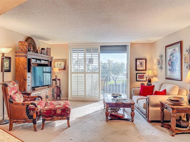 living room featuring a textured ceiling and light colored carpet