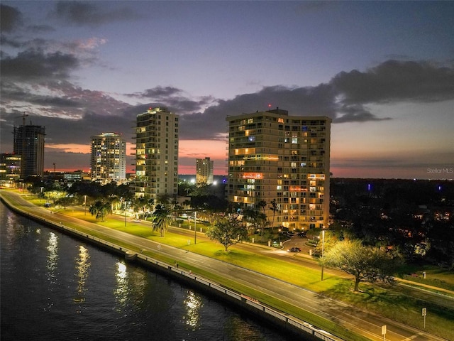 property's view of city featuring a water view