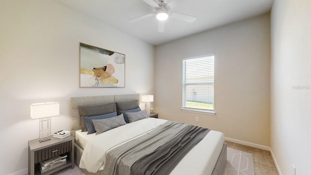 bedroom featuring ceiling fan and light colored carpet