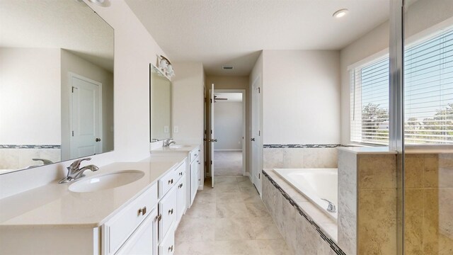 bathroom featuring vanity, a healthy amount of sunlight, and a relaxing tiled tub