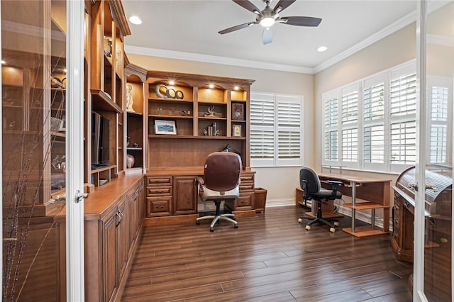 office space with ceiling fan, ornamental molding, and dark wood-type flooring