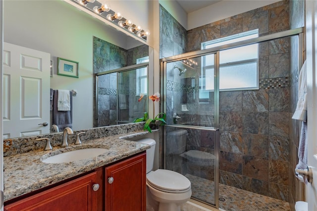 bathroom featuring a shower with door, vanity, and toilet