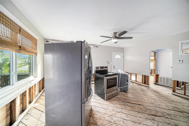 kitchen with stainless steel appliances and ceiling fan